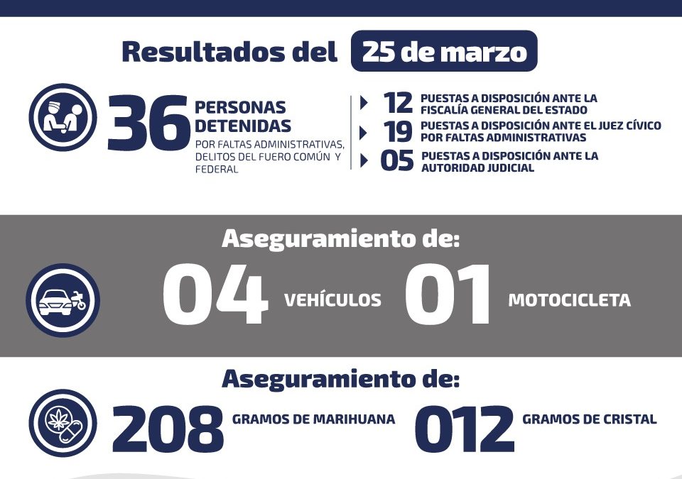 DETIENEN A 28 PERSONAS POR DIVERSOS DELITOS.
