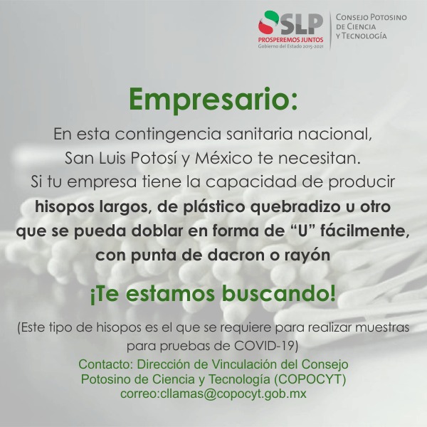 CONVOCA COPOCYT A EMPRESAS A PRODUCIR HISOPOS PARA PRUEBA COVID-19.