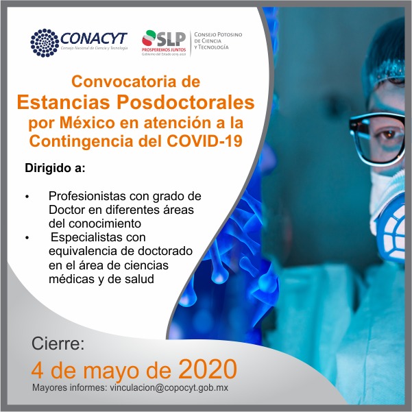 CONTINÚA ABIERTA LA CONVOCATORIA PARA PARTICIPAR EN ESTANCIAS POSDOCTORALES PARA ATENDER COVID19: COPOCYT.