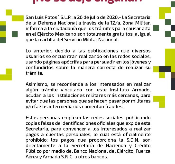 TRÁMITES PARA INGRESAR AL EJÉRCITO MEXICANO SON TOTALMENTE GRATUITOS: SEDENA