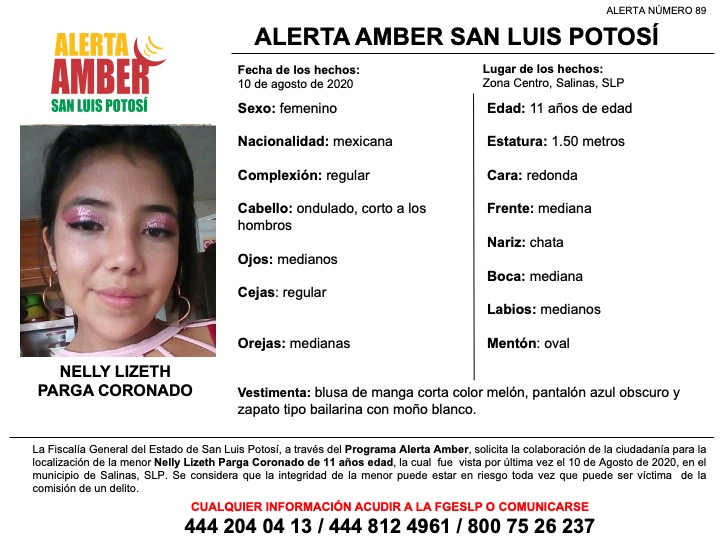 FISCALÍA ACTIVA ALERTA AMBER PARA LOCALIZAR A NIÑA DE 11 AÑOS DE EDAD EN SALINAS