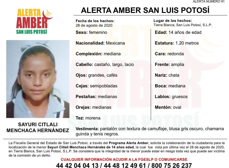 FGE ACTIVA ALERTA AMBER PARA LOCALIZAR A MENOR DE 14 AÑOS.