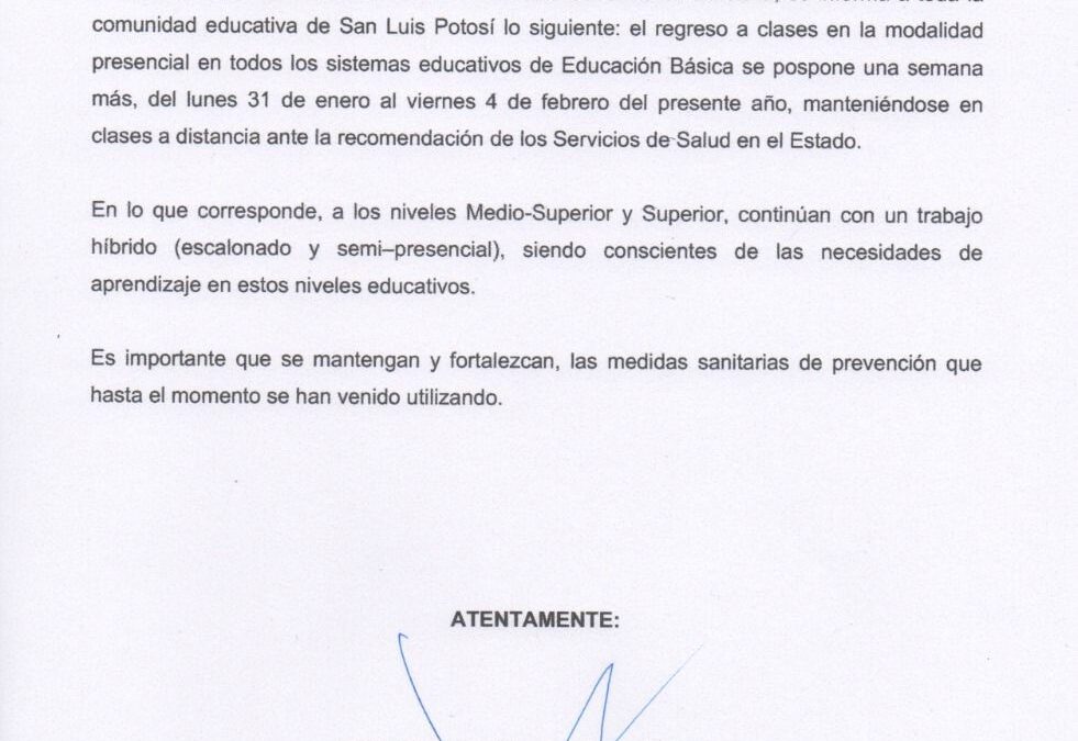 CLASES PRESENCIALES EN EDUCACIÓN BÁSICA SE POSPONEN UNA SEMANA MÁS