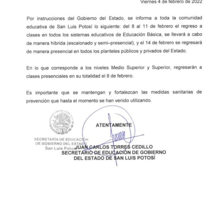 REGRESO A CLASES PRESENCIALES EN EDUCACION BÁSICA, EL 14 DE FEBRERO