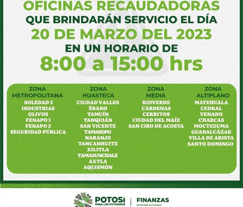 OFICINAS RECAUDADORAS BRINDARÁN SERVICIO EL PRÓXIMO LUNES 20 DE MARZO.